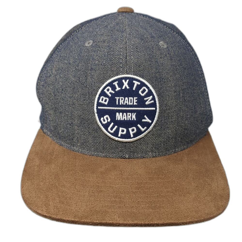 Brixton Snapback Hat Blue Brown One Size Denim Suede Flat Brim Logo Patch